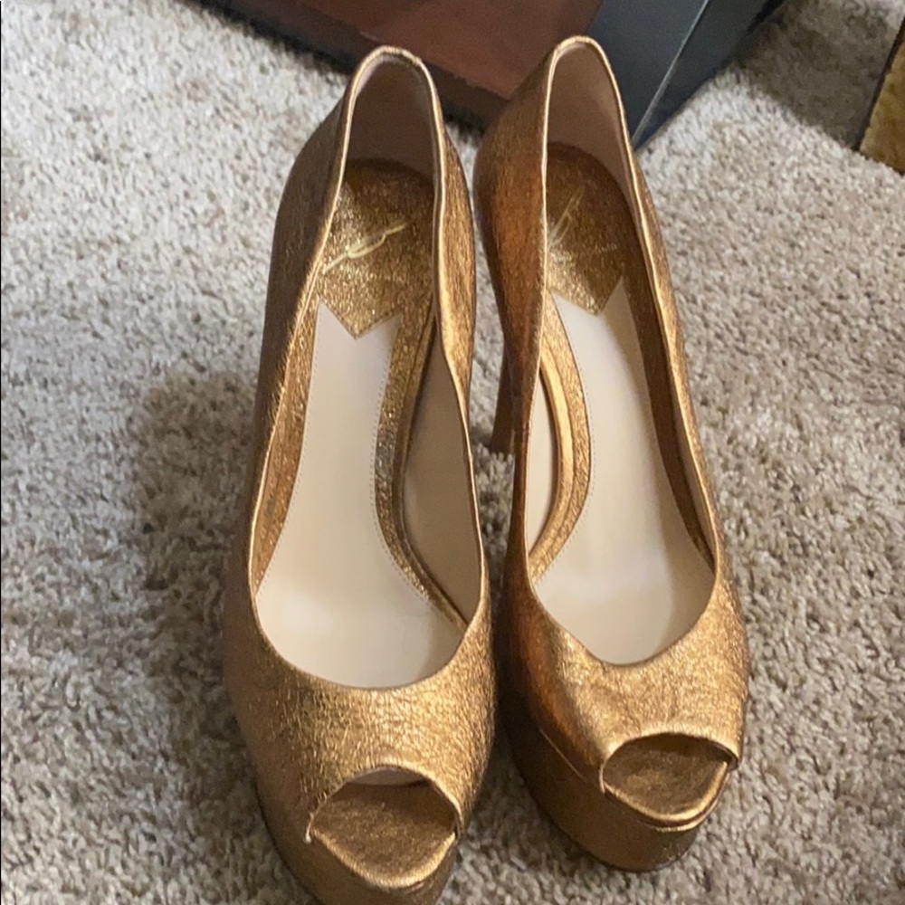 Gold Brian Atwood peep toe pumps